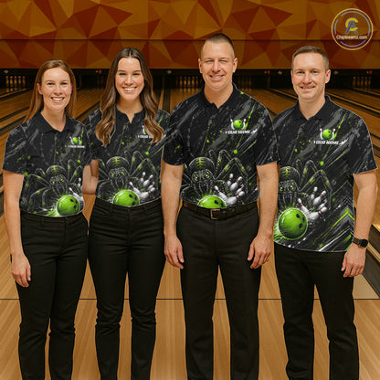 Custom Black And Green Spider Bowling Women Polo & 1/4 Quarter Zip Shirt, Bowling Team Tournament Jerseys NBT936