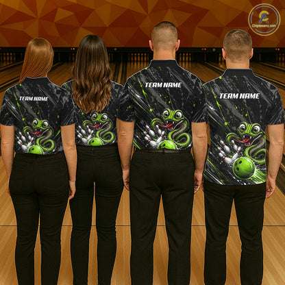 Custom Black And Green Snake Bowling Men Polo & 1/4 Quarter Zip Shirt, Bowling Team Tournament Jerseys NBT935