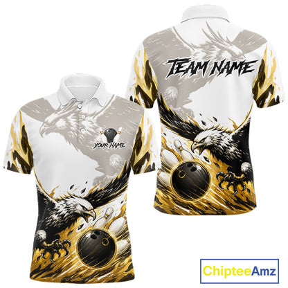Black Gold Eagle Bowling Men Custom Name Polo & 1/4 Quarter Zip Shirt, Team Eagle Bowling League Shirts NBT938