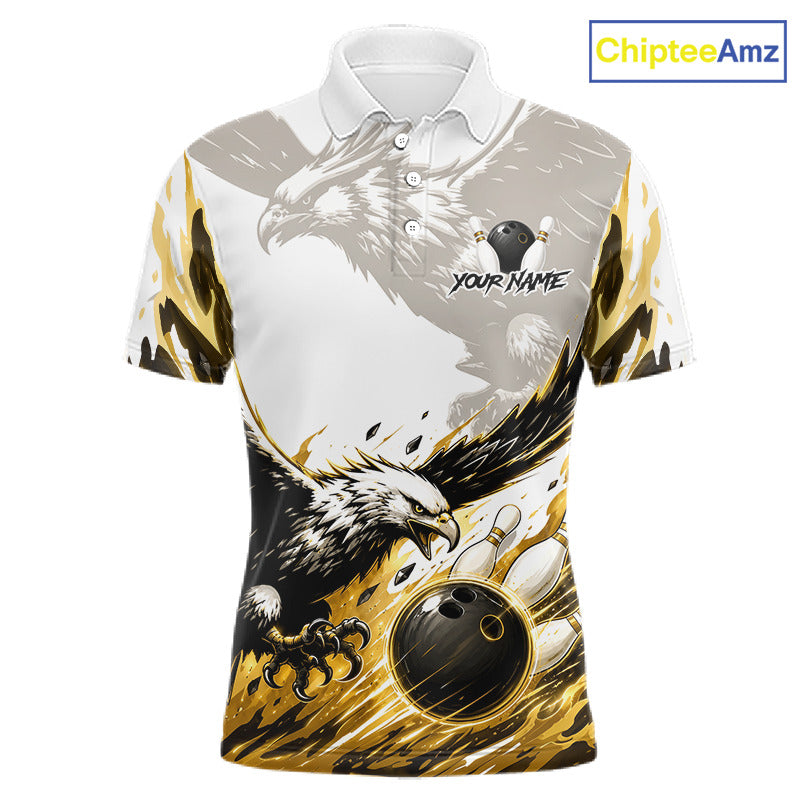 Black Gold Eagle Bowling Men Custom Name Polo & 1/4 Quarter Zip Shirt, Team Eagle Bowling League Shirts NBT938