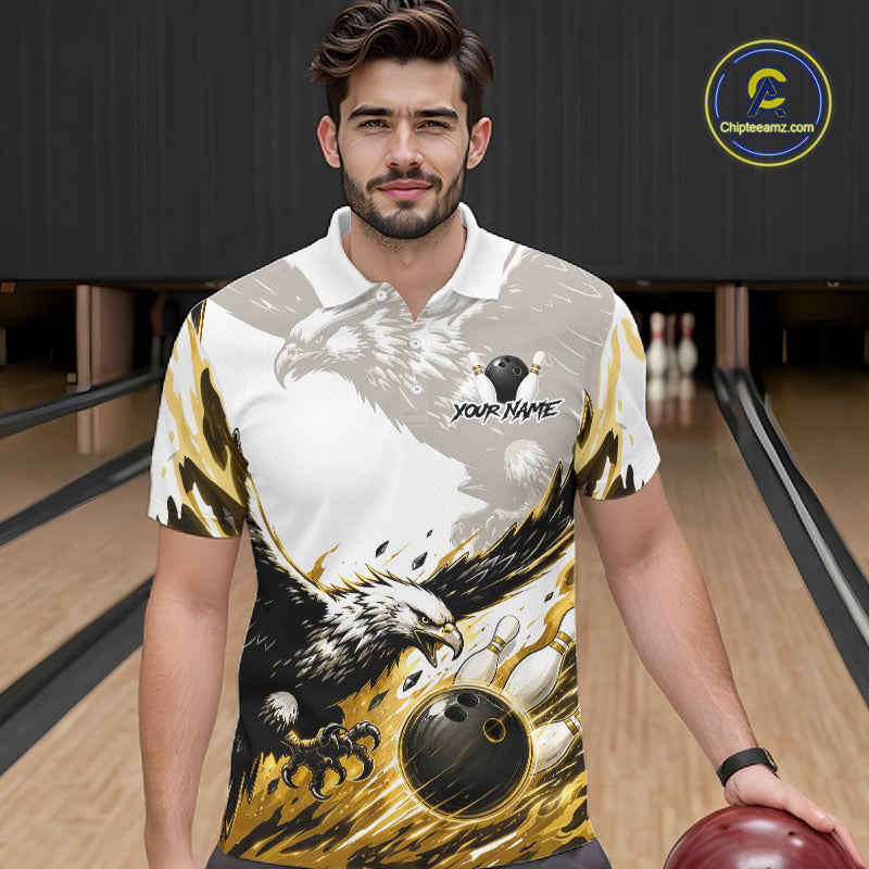 Black Gold Eagle Bowling Men Custom Name Polo & 1/4 Quarter Zip Shirt, Team Eagle Bowling League Shirts NBT938