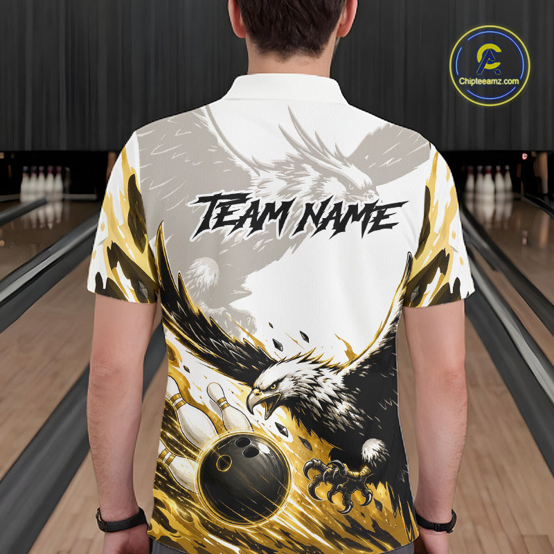 Black Gold Eagle Bowling Men Custom Name Polo & 1/4 Quarter Zip Shirt, Team Eagle Bowling League Shirts NBT938