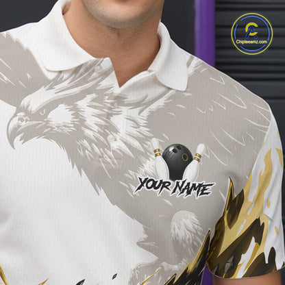 Black Gold Eagle Bowling Men Custom Name Polo & 1/4 Quarter Zip Shirt, Team Eagle Bowling League Shirts NBT938