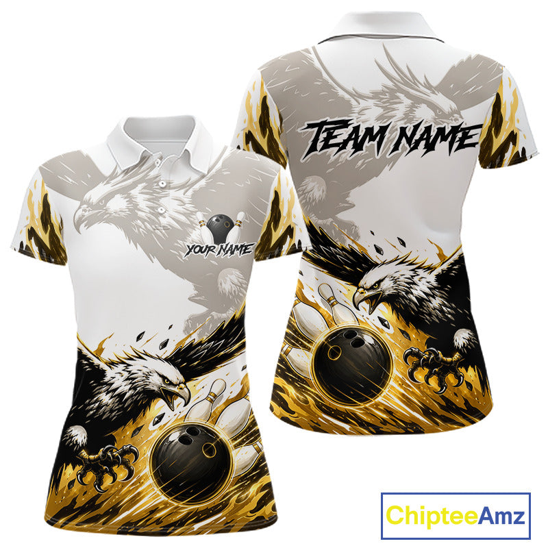 Black Gold Eagle Bowling Women Custom Name Polo & 1/4 Quarter Zip Shirt, Team Eagle Bowling League Shirts NBT938