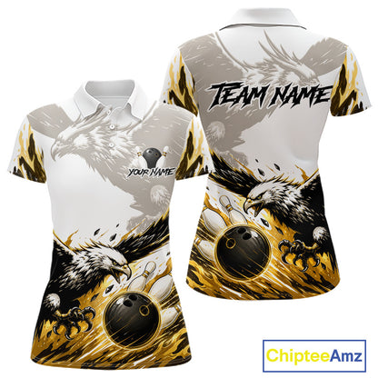Black Gold Eagle Bowling Women Custom Name Polo & 1/4 Quarter Zip Shirt, Team Eagle Bowling League Shirts NBT938