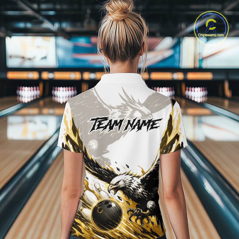 Black Gold Eagle Bowling Women Custom Name Polo & 1/4 Quarter Zip Shirt, Team Eagle Bowling League Shirts NBT938