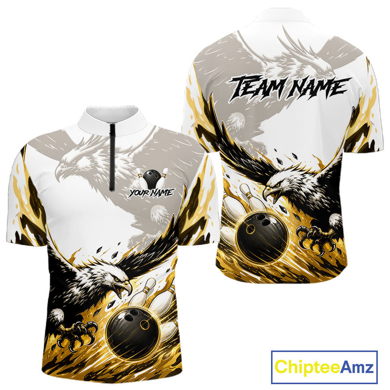 Black Gold Eagle Bowling Men Custom Name Polo & 1/4 Quarter Zip Shirt, Team Eagle Bowling League Shirts NBT938