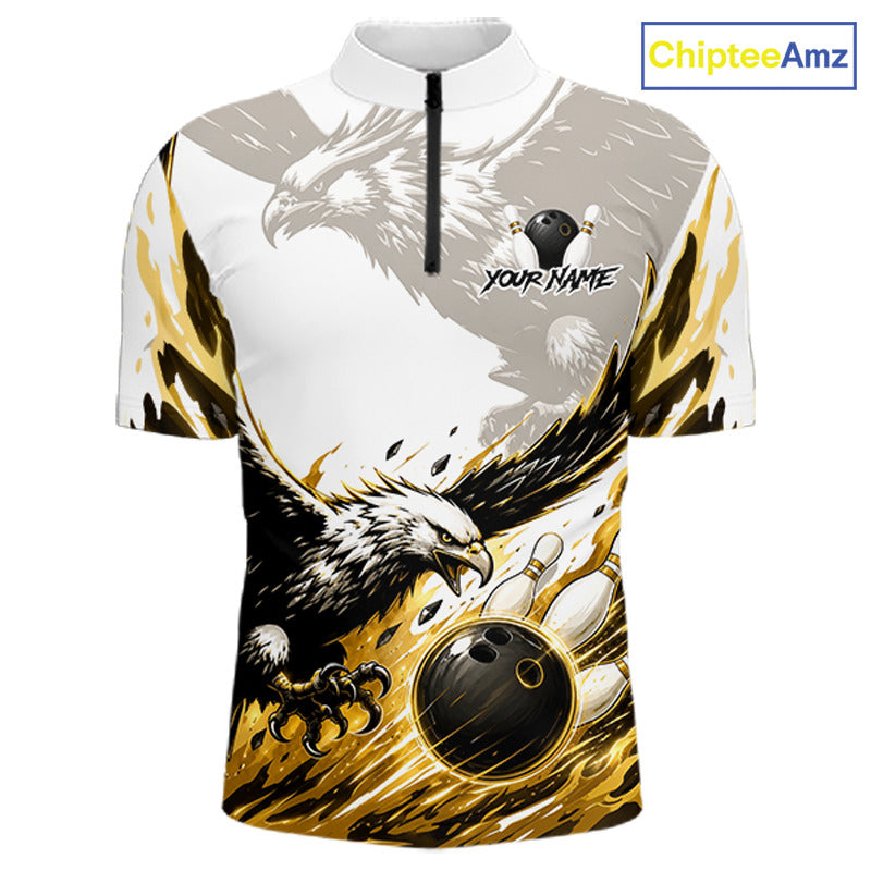 Black Gold Eagle Bowling Men Custom Name Polo & 1/4 Quarter Zip Shirt, Team Eagle Bowling League Shirts NBT938
