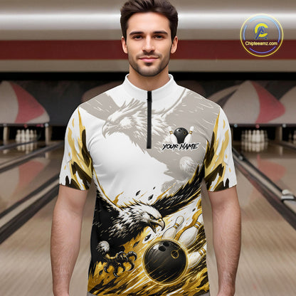 Black Gold Eagle Bowling Men Custom Name Polo & 1/4 Quarter Zip Shirt, Team Eagle Bowling League Shirts NBT938