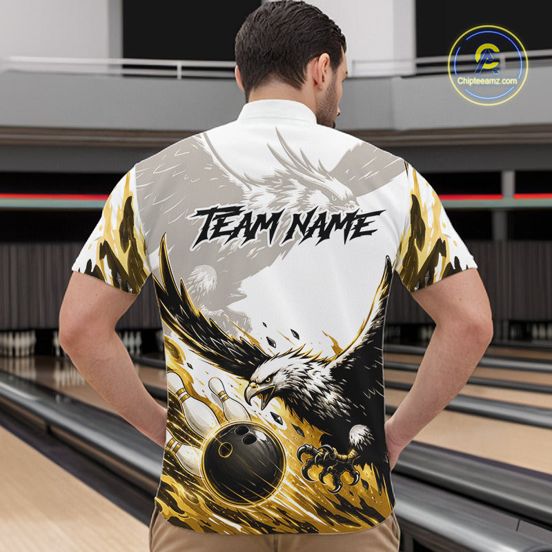 Black Gold Eagle Bowling Men Custom Name Polo & 1/4 Quarter Zip Shirt, Team Eagle Bowling League Shirts NBT938