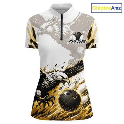 Black Gold Eagle Bowling Women Custom Name Polo & 1/4 Quarter Zip Shirt, Team Eagle Bowling League Shirts NBT938
