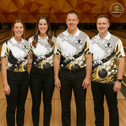 Black Gold Eagle Bowling Men Custom Name Polo & 1/4 Quarter Zip Shirt, Team Eagle Bowling League Shirts NBT938