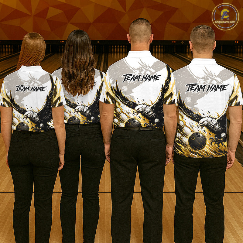 Black Gold Eagle Bowling Men Custom Name Polo & 1/4 Quarter Zip Shirt, Team Eagle Bowling League Shirts NBT938