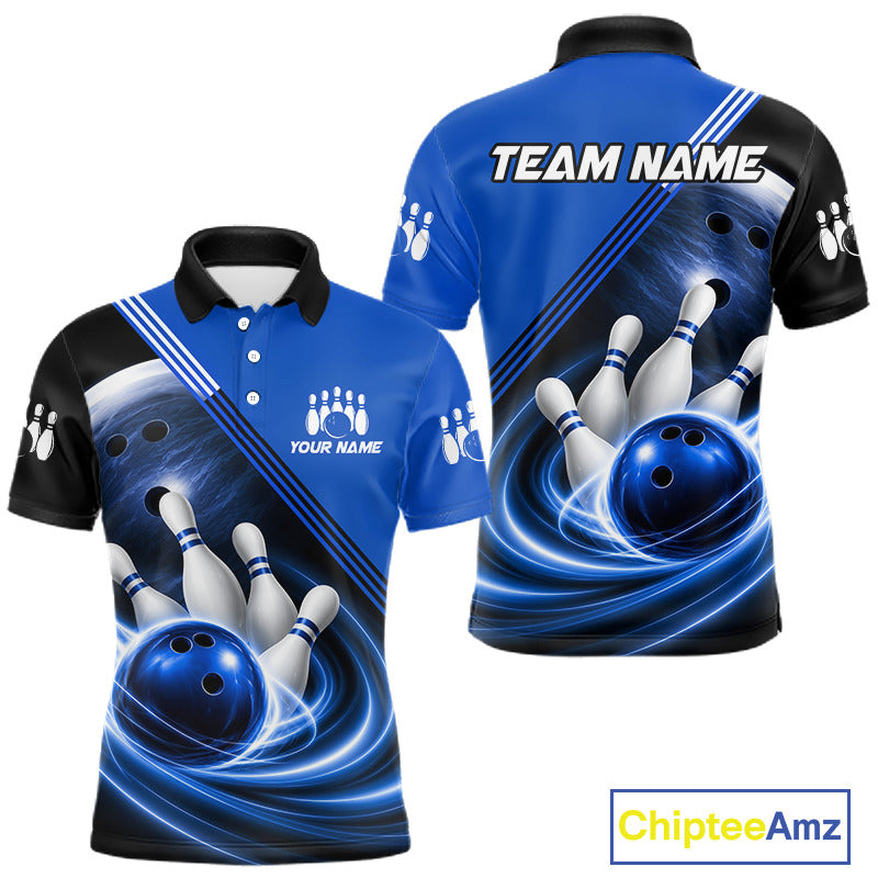 Personalized Blue Bowling Jersey Bowling Polo Shirt For Men, Team Bowling League Shirts NBT943