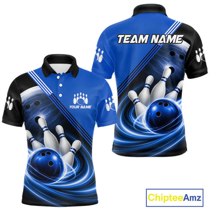 Personalized Blue Bowling Jersey Bowling Polo Shirt For Men, Team Bowling League Shirts NBT943