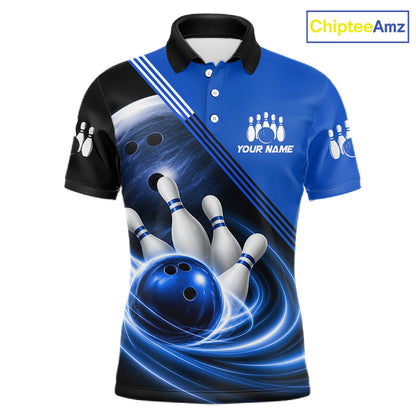 Personalized Blue Bowling Jersey Bowling Polo Shirt For Men, Team Bowling League Shirts NBT943