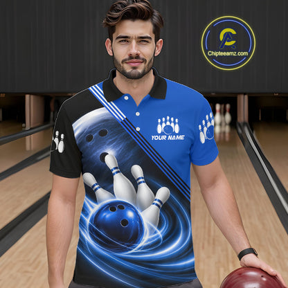 Personalized Blue Bowling Jersey Bowling Polo Shirt For Men, Team Bowling League Shirts NBT943
