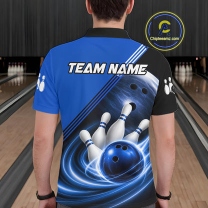 Personalized Blue Bowling Jersey Bowling Polo Shirt For Men, Team Bowling League Shirts NBT943
