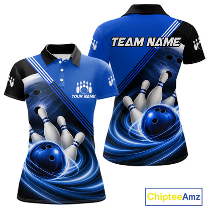 Personalized Blue Bowling Jersey Bowling Polo Shirt For Women, Team Bowling League Shirts NBT943