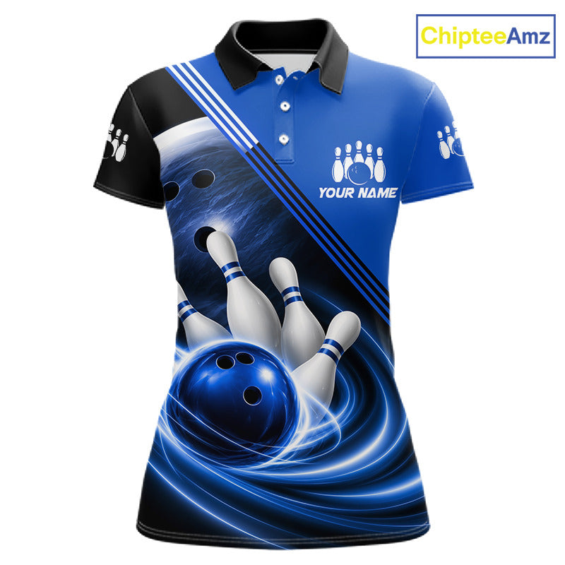 Personalized Blue Bowling Jersey Bowling Polo Shirt For Women, Team Bowling League Shirts NBT943