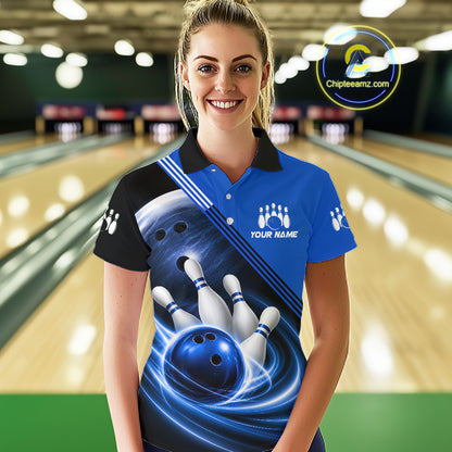 Personalized Blue Bowling Jersey Bowling Polo Shirt For Women, Team Bowling League Shirts NBT943