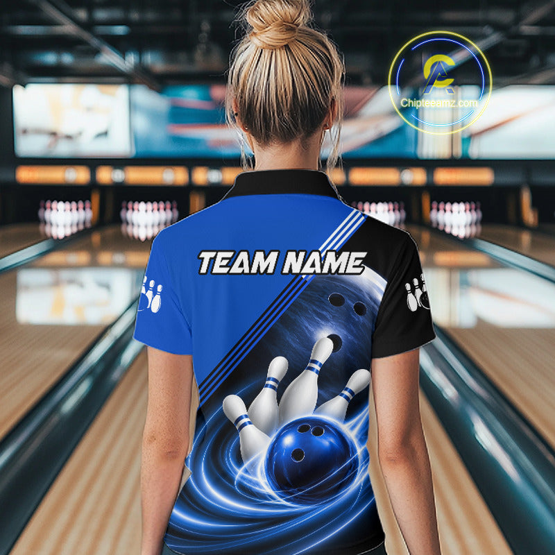 Personalized Blue Bowling Jersey Bowling Polo Shirt For Women, Team Bowling League Shirts NBT943