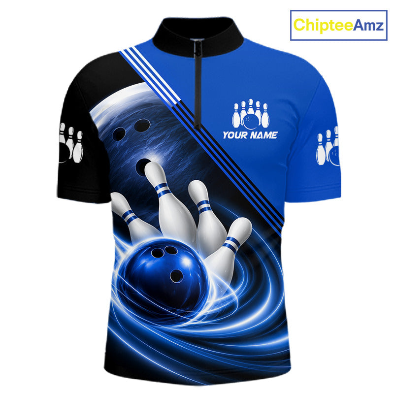 Personalized Blue Bowling Jersey Bowling Polo Shirt For Men, Team Bowling League Shirts NBT943