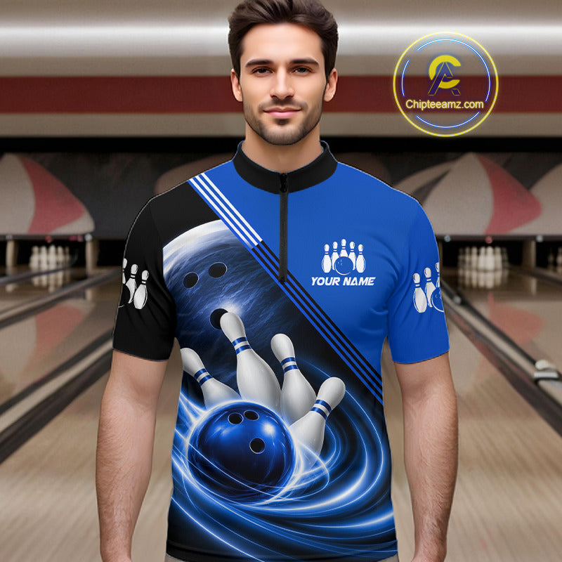 Personalized Blue Bowling Jersey Bowling Polo Shirt For Men, Team Bowling League Shirts NBT943