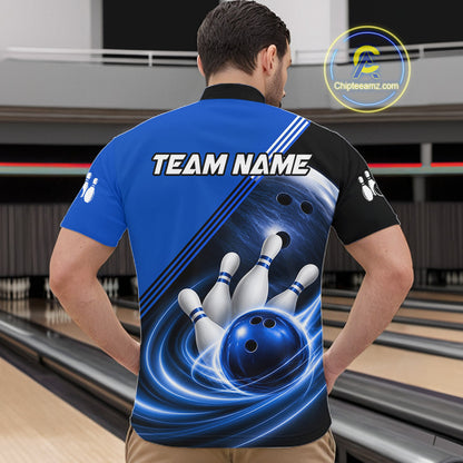 Personalized Blue Bowling Jersey Bowling Polo Shirt For Men, Team Bowling League Shirts NBT943