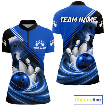 Personalized Blue Bowling Jersey Bowling Polo Shirt For Women, Team Bowling League Shirts NBT943