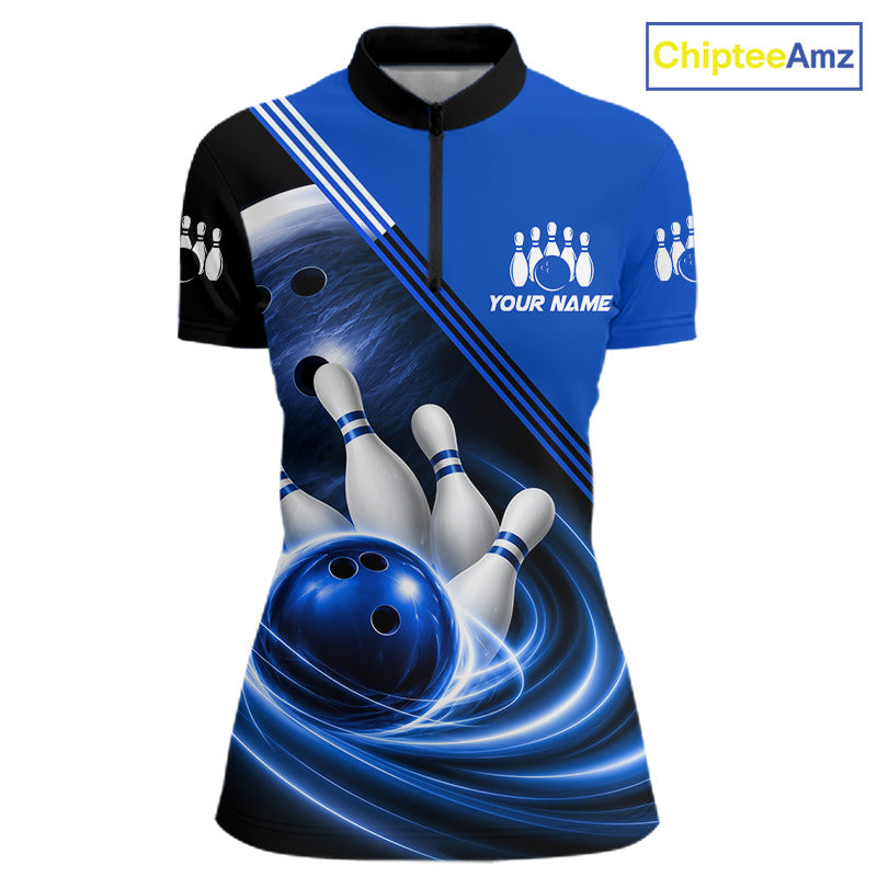 Personalized Blue Bowling Jersey Bowling Polo Shirt For Women, Team Bowling League Shirts NBT943