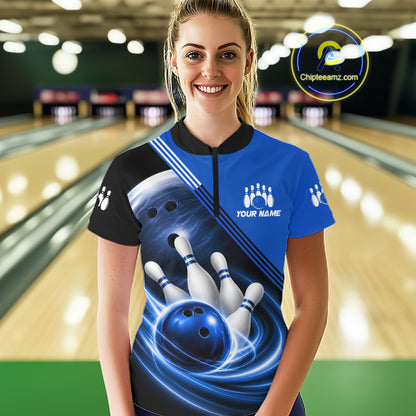 Personalized Blue Bowling Jersey Bowling Polo Shirt For Women, Team Bowling League Shirts NBT943