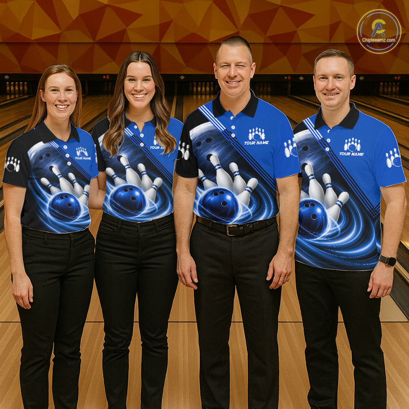 Personalized Blue Bowling Jersey Bowling Polo Shirt For Men, Team Bowling League Shirts NBT943