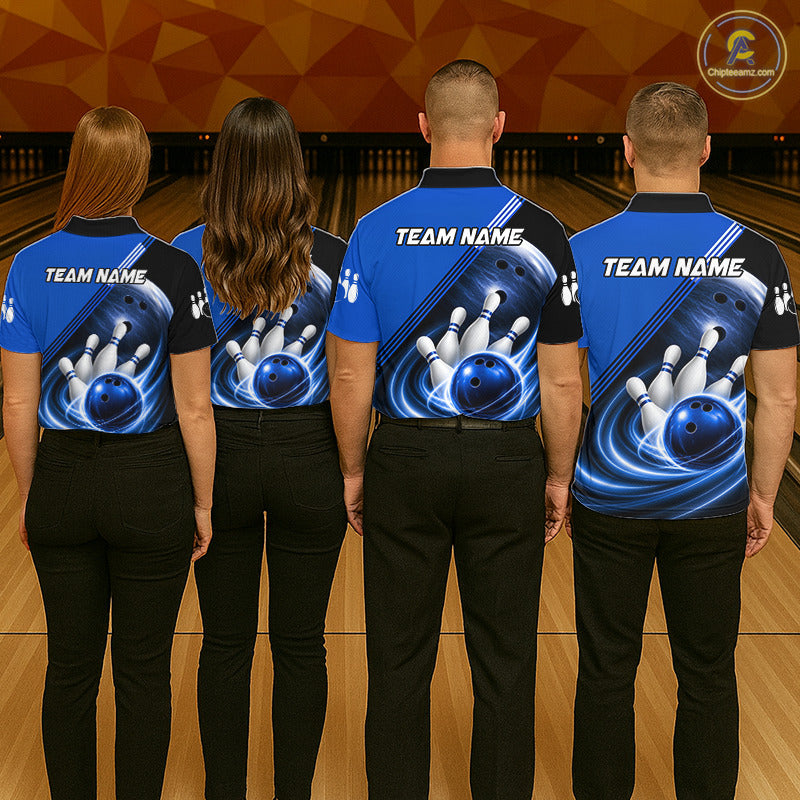 Personalized Blue Bowling Jersey Bowling Polo Shirt For Men, Team Bowling League Shirts NBT943