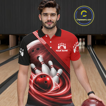 Personalized Red Bowling Jersey Bowling Polo Shirt For Men, Team Bowling League Shirts NBT944