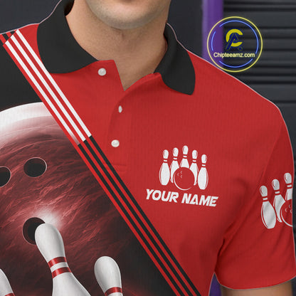 Personalized Red Bowling Jersey Bowling Polo Shirt For Men, Team Bowling League Shirts NBT944