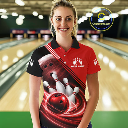 Personalized Red Bowling Jersey Bowling Polo Shirt For Women, Team Bowling League Shirts NBT944