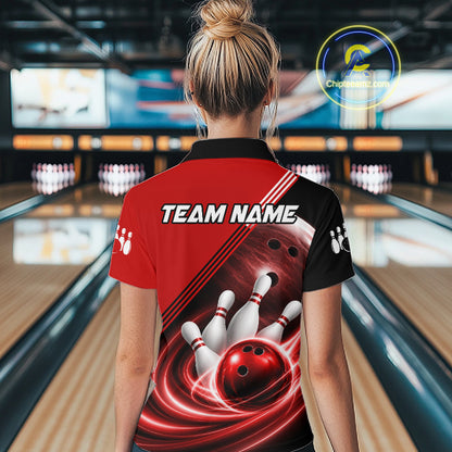 Personalized Red Bowling Jersey Bowling Polo Shirt For Women, Team Bowling League Shirts NBT944