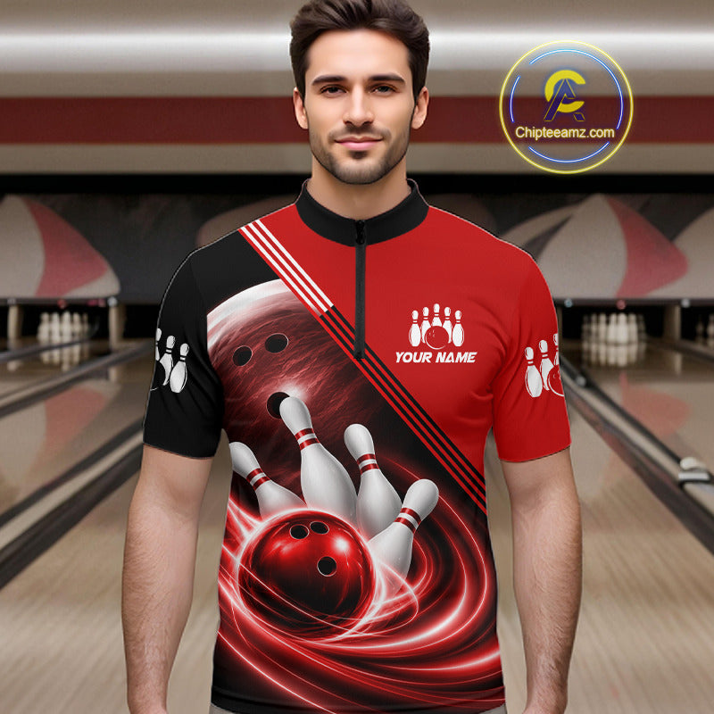 Personalized Red Bowling Jersey Bowling Polo Shirt For Men, Team Bowling League Shirts NBT944