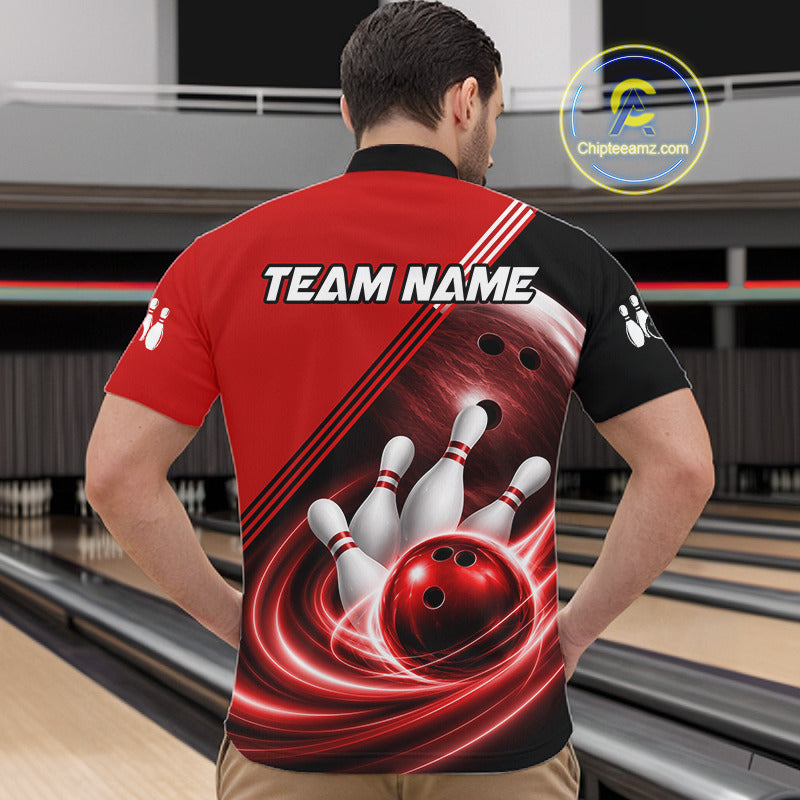 Personalized Red Bowling Jersey Bowling Polo Shirt For Men, Team Bowling League Shirts NBT944