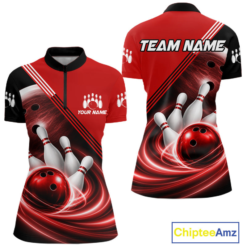 Personalized Red Bowling Jersey Bowling Polo Shirt For Women, Team Bowling League Shirts NBT944
