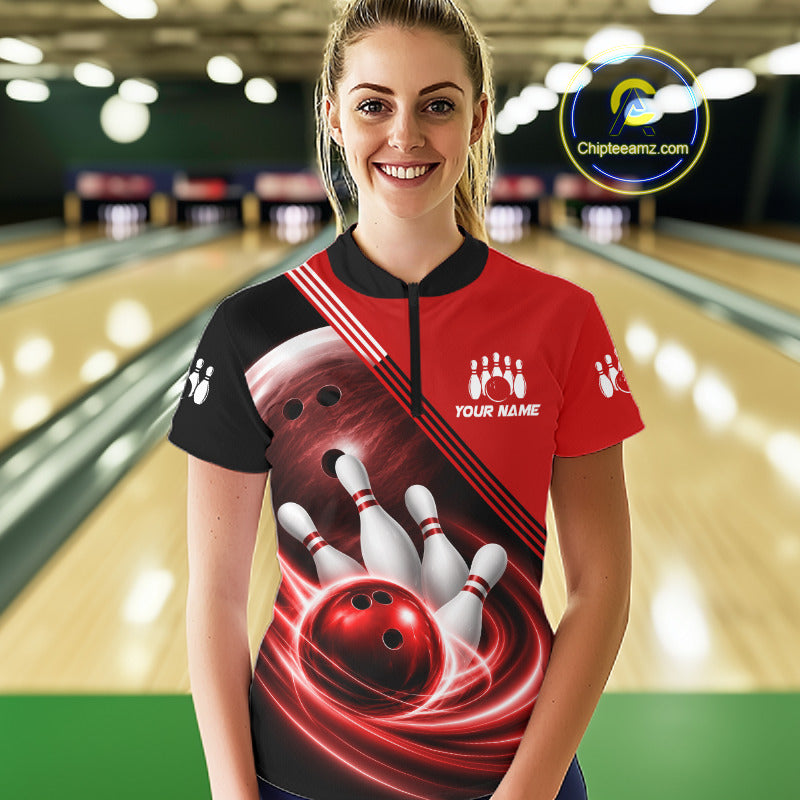 Personalized Red Bowling Jersey Bowling Polo Shirt For Women, Team Bowling League Shirts NBT944