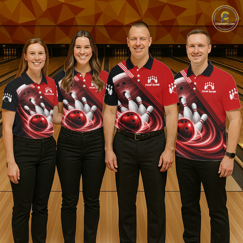 Personalized Red Bowling Jersey Bowling Polo Shirt For Men, Team Bowling League Shirts NBT944