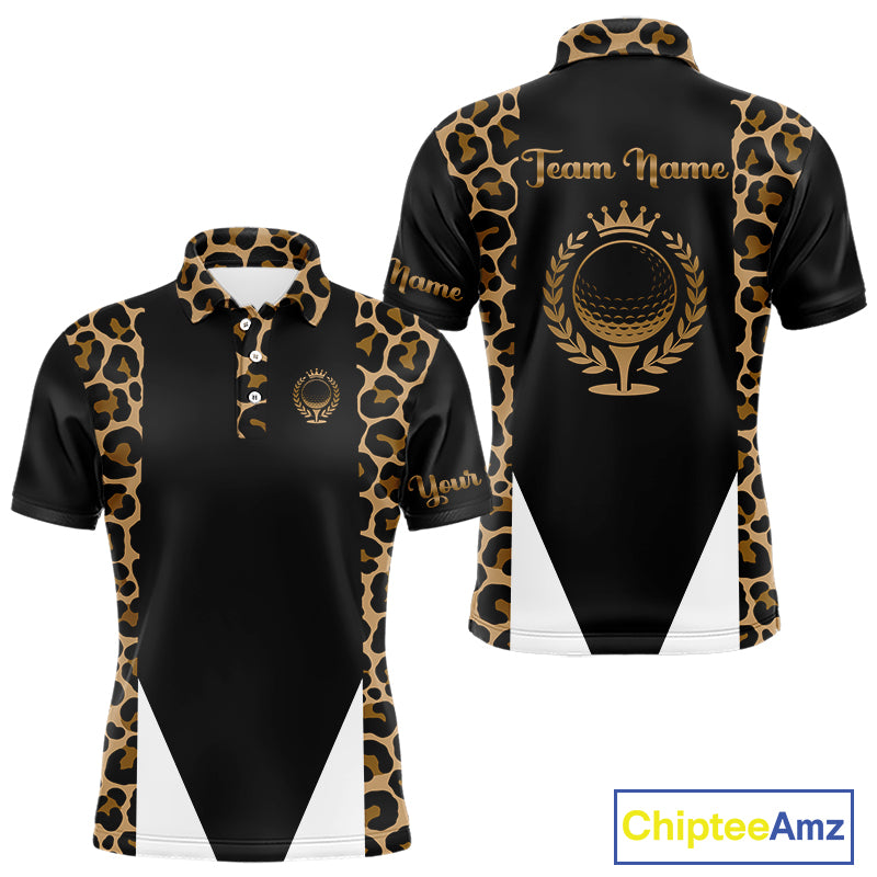 Mens Golf Polo Shirts Brown Leopard Pattern Black Golf Shirt Custom Name Golf Wear For Mens NBT560