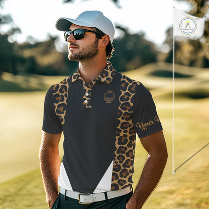 Mens Golf Polo Shirts Brown Leopard Pattern Black Golf Shirt Custom Name Golf Wear For Mens NBT560