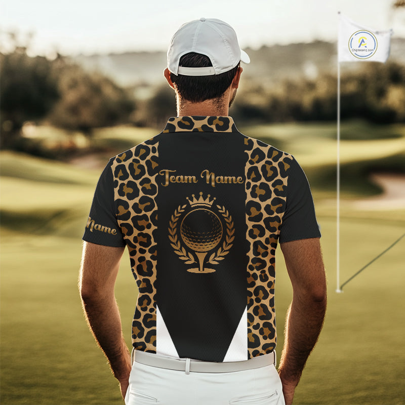 Mens Golf Polo Shirts Brown Leopard Pattern Black Golf Shirt Custom Name Golf Wear For Mens NBT560