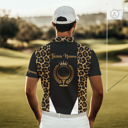 Mens Golf Polo Shirts Brown Leopard Pattern Black Golf Shirt Custom Name Golf Wear For Mens NBT560