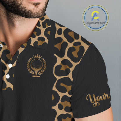 Mens Golf Polo Shirts Brown Leopard Pattern Black Golf Shirt Custom Name Golf Wear For Mens NBT560