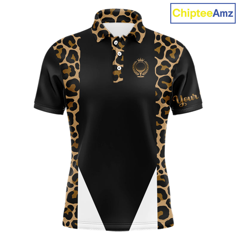 Mens Golf Polo Shirts Brown Leopard Pattern Black Golf Shirt Custom Name Golf Wear For Mens NBT560