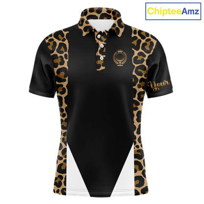 Mens Golf Polo Shirts Brown Leopard Pattern Black Golf Shirt Custom Name Golf Wear For Mens NBT560